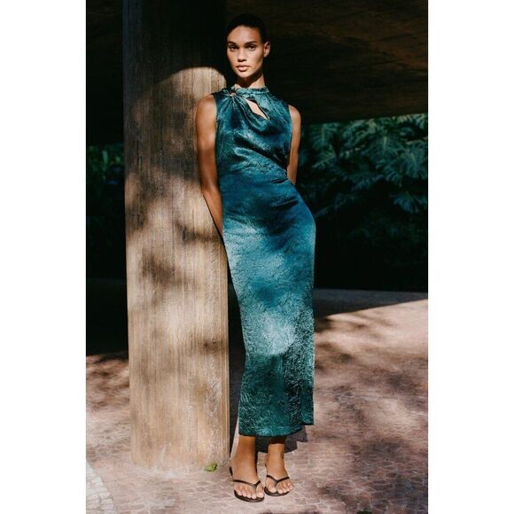 Zara Dresses & Skirts - Zara Womens Midi Dress Small S Green Gold Applique Satin Wrinkle 2774/898 NWT